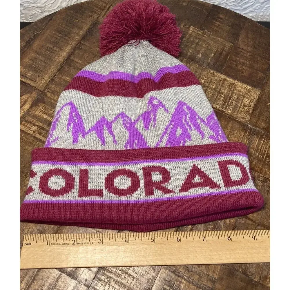 Colorado Beanie Pom Pom Maroon purple Acrylic One Size Fits Most - Picture 15 of 15